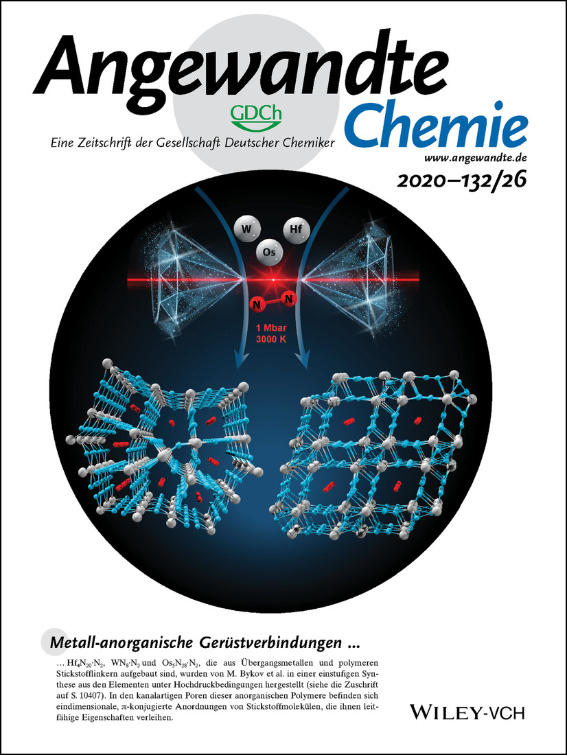 Innenrücktitelbild: High-Pressure Synthesis of Metal–Inorganic Frameworks Hf4N20⋅N2, WN8⋅N2, and Os5N28⋅3 N2 with Polymeric Nitrogen Linkers (Angew. Chem. 26/2020) Volume 132 Issue 26, 2020