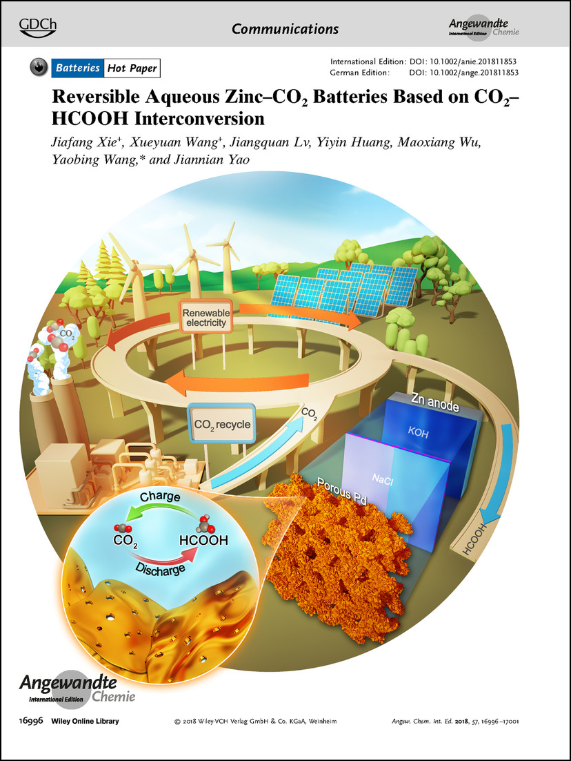 Frontispiece: Reversible Aqueous Zinc–CO2 Batteries Based on CO2–HCOOH Interconversion Volume 57 Issue 52, 2018