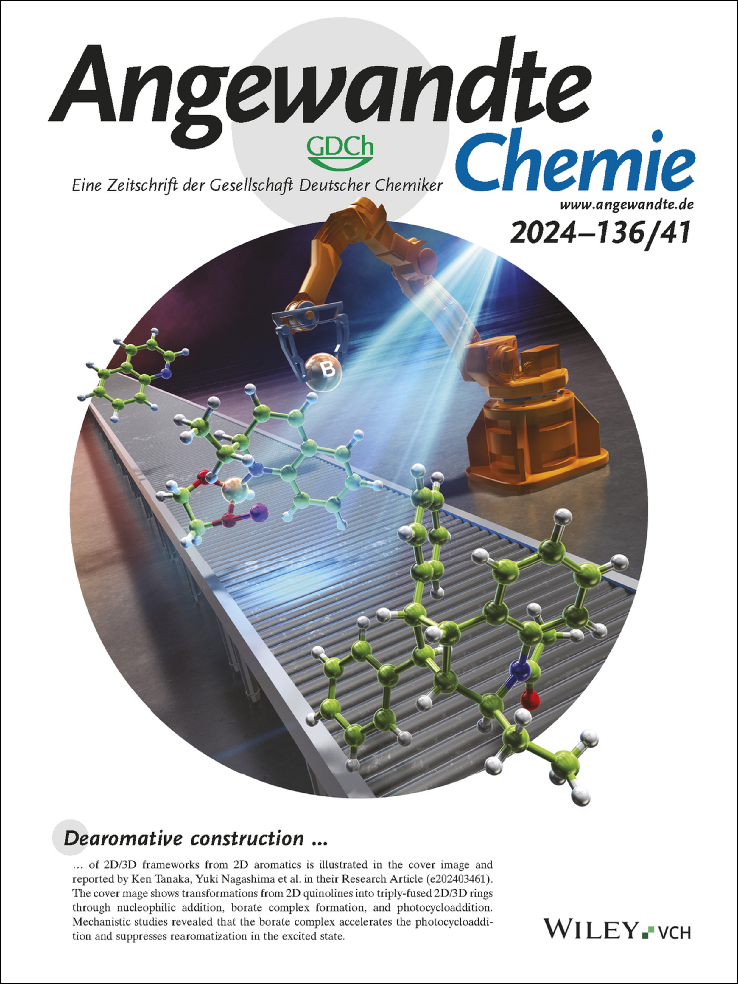 Innentitelbild: Dearomative Construction of 2D/3D Frameworks from Quinolines via Nucleophilic Addition/Borate-Mediated Photocycloaddition (Angew. Chem. 41/2024) Volume 136 Issue 41, 2024