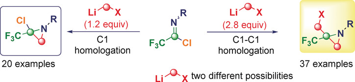 Telescoped, Divergent, Chemoselective C1 and C1-C1 Homologation of Imine Surrogates: Access to Quaternary Chloro- and Halomethyl-Trifluoromethyl Aziridines
