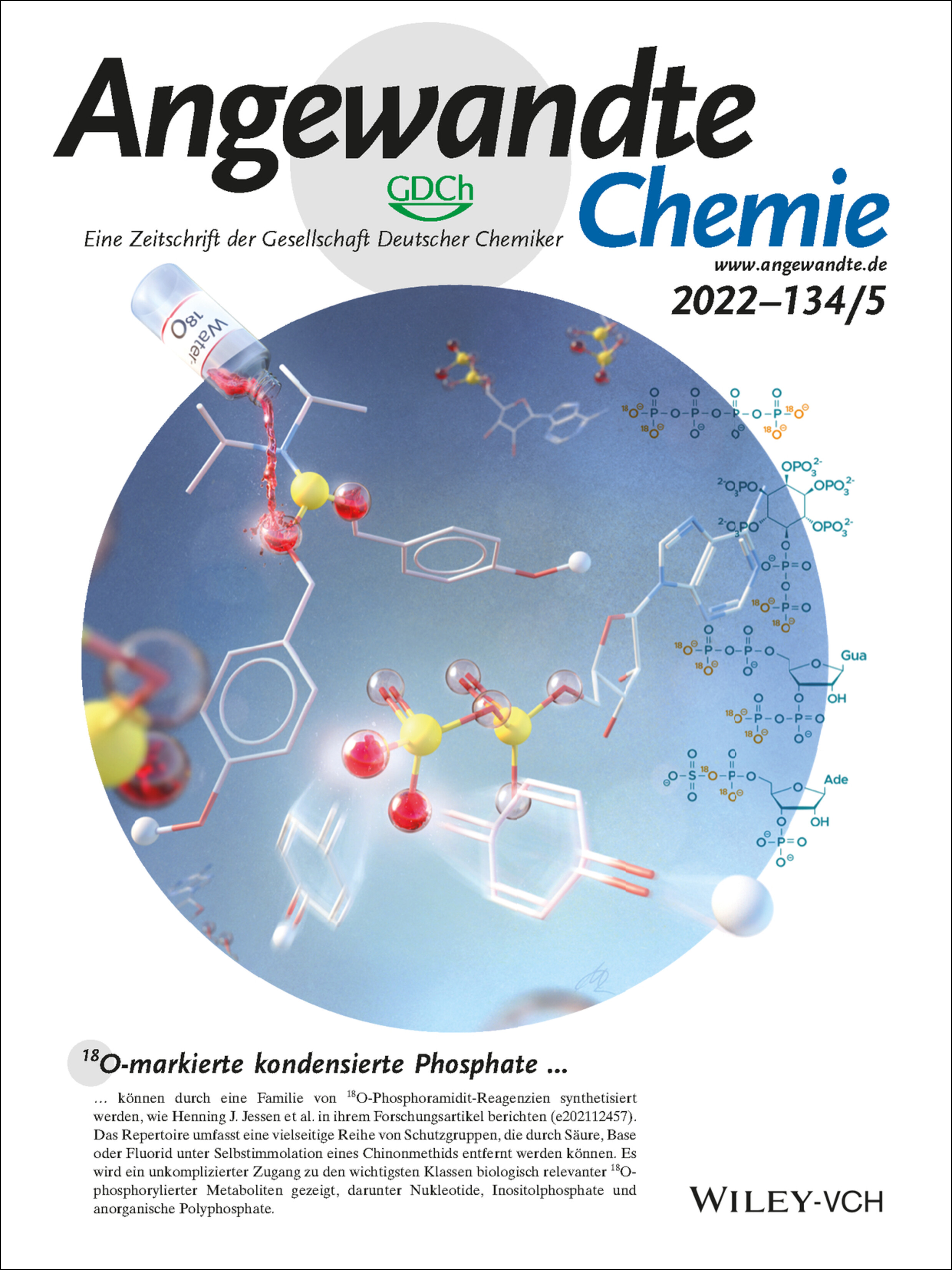 Innentitelbild: Stable Isotope Phosphate Labelling of Diverse Metabolites is Enabled by a Family of 18O-Phosphoramidites (Angew. Chem. 5/2022) Volume 134 Issue 5, 2022