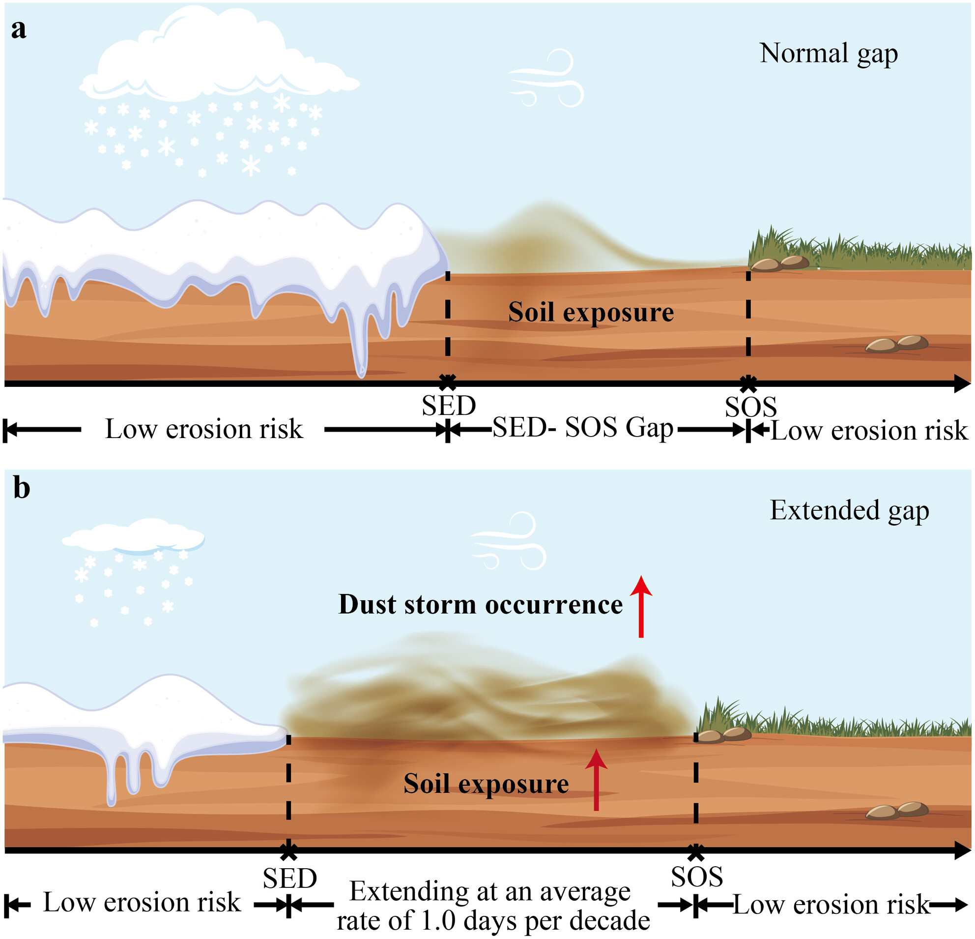 Extended Gap Between Snowmelt and Greenup Increases Dust Storm Occurrence