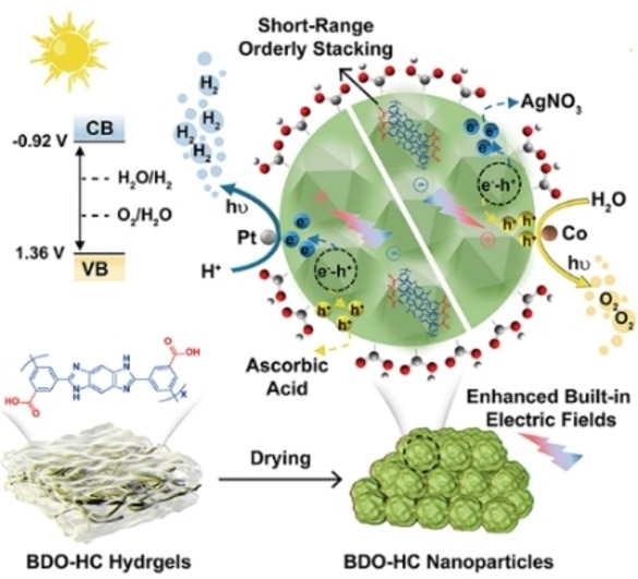 Efficient Photocatalytic Hydrogen and Oxygen Evolution by Side-Group Engineered Benzodiimidazole Oligomers with Strong Built-in Electric Fields and Short-Range Crystallinity