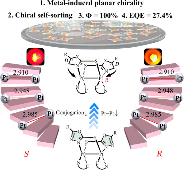 Metal-Induced Planar Chirality of Soft-Bridged Binuclear Platinum(II) Complexes: 100 % Phosphorescence Quantum Yields, Chiral Self-Sorting, and Circularly Polarized Luminescence
