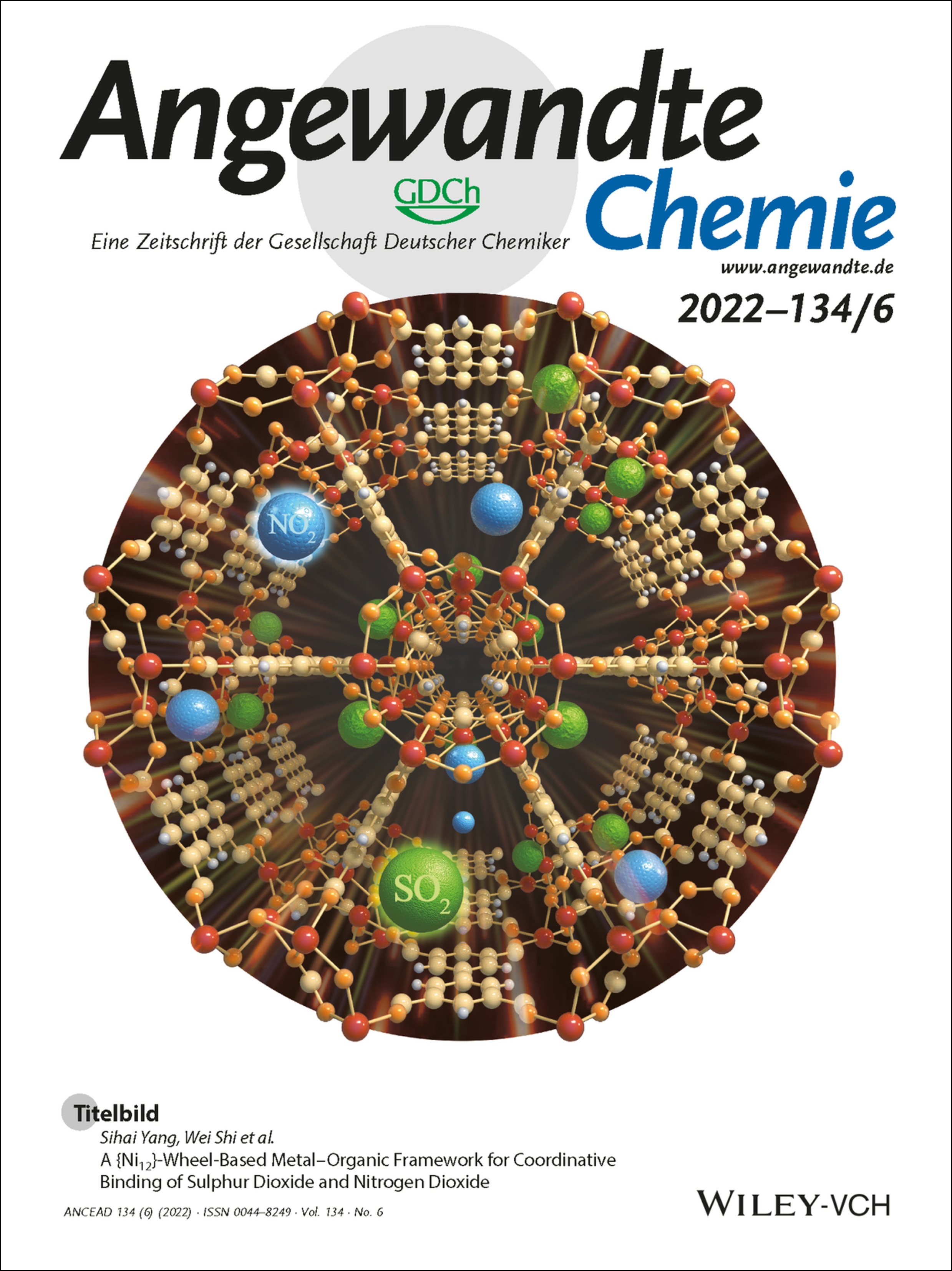 Titelbild: A {Ni12}-Wheel-Based Metal–Organic Framework for Coordinative Binding of Sulphur Dioxide and Nitrogen Dioxide (Angew. Chem. 6/2022) Volume 134 Issue 6, 2022