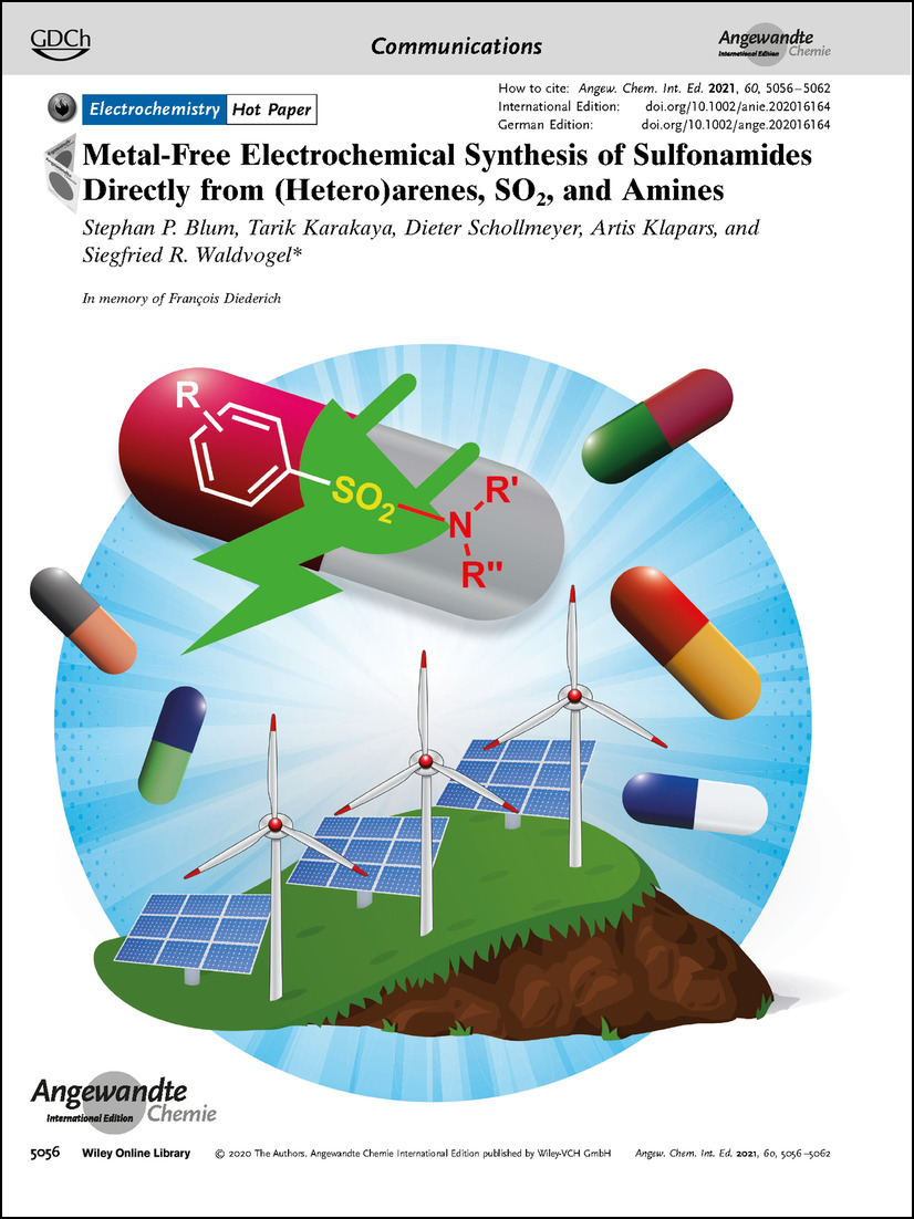 Frontispiece: Metal-Free Electrochemical Synthesis of Sulfonamides Directly from (Hetero)arenes, SO2, and Amines Volume 60 Issue 10, 2021