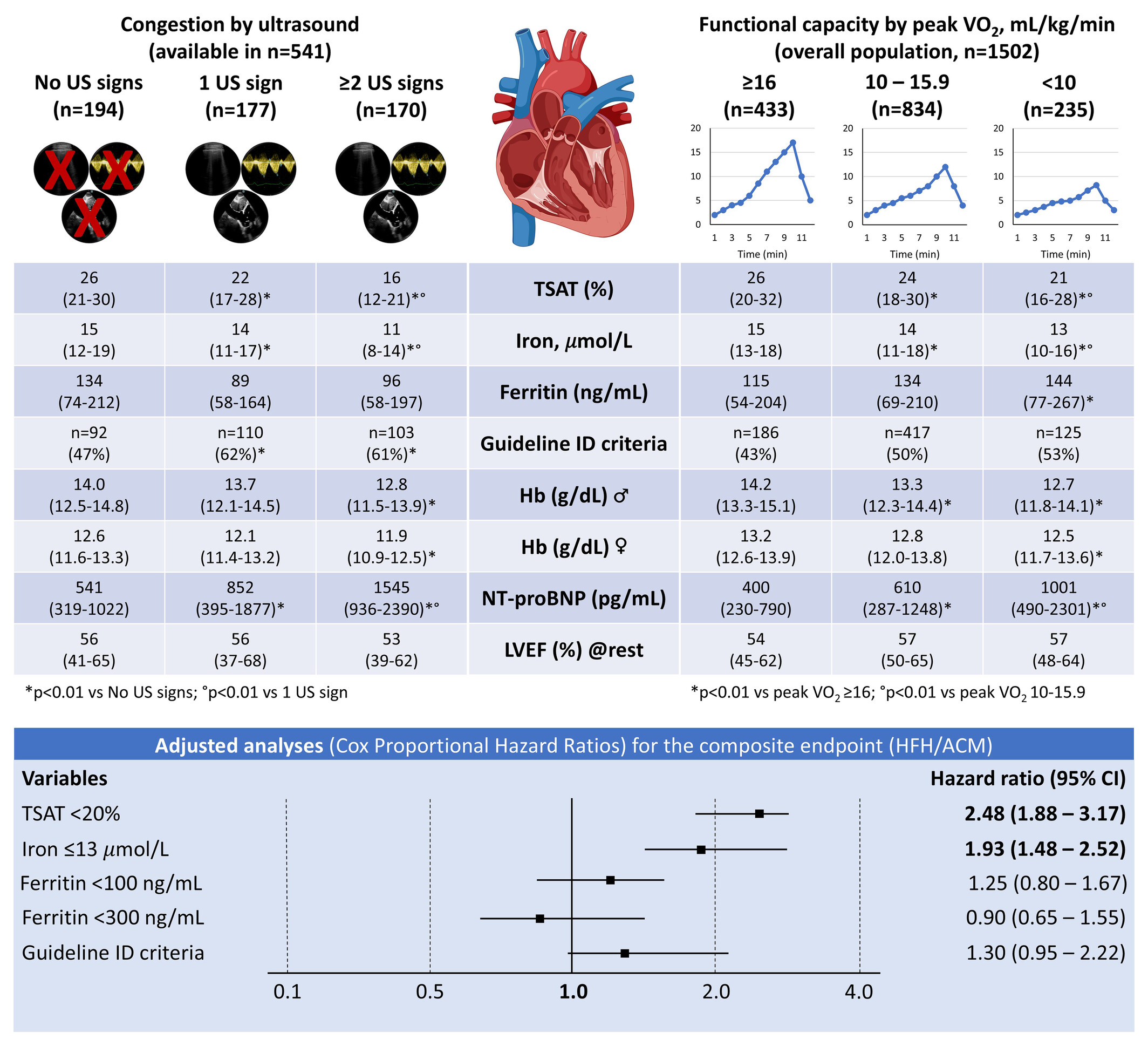 Associations of iron deficiency with cardiac function, congestion, exercise capacity and prognosis in heart failure