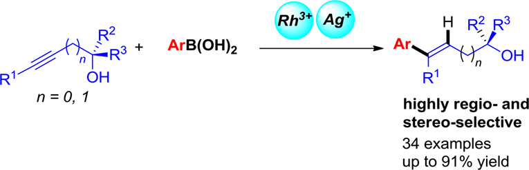 Rh-Catalyzed Reaction of Propargylic Alcohols with Aryl Boronic Acids–Switch from β-OH Elimination to Protodemetalation