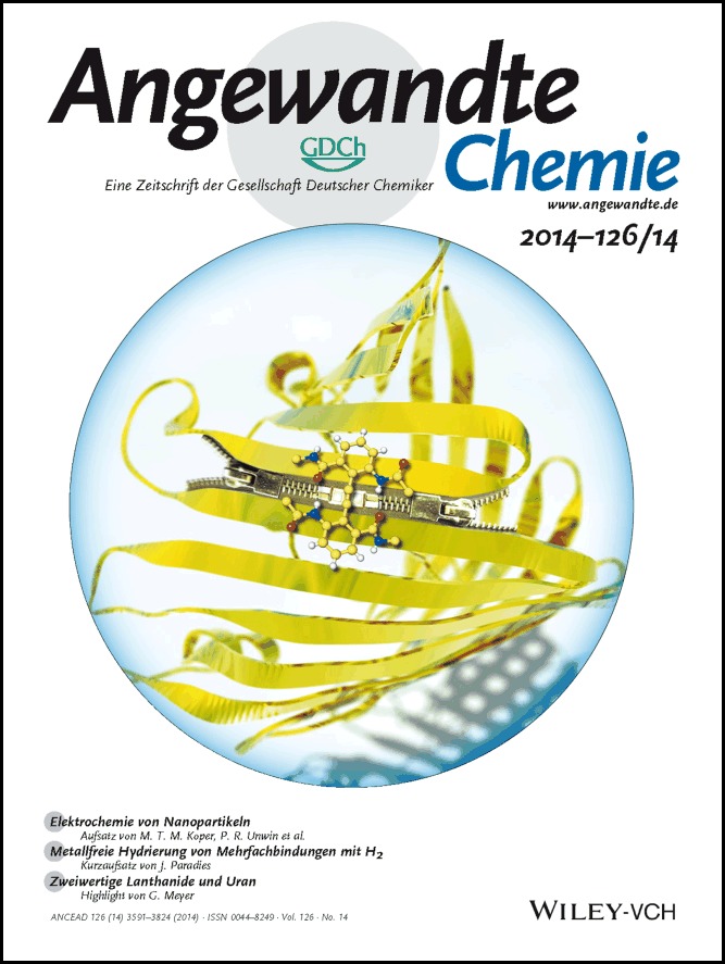 Titelbild: Diphenylacetylene-Linked Peptide Strands Induce Bidirectional β-Sheet Formation (Angew. Chem. 14/2014)
