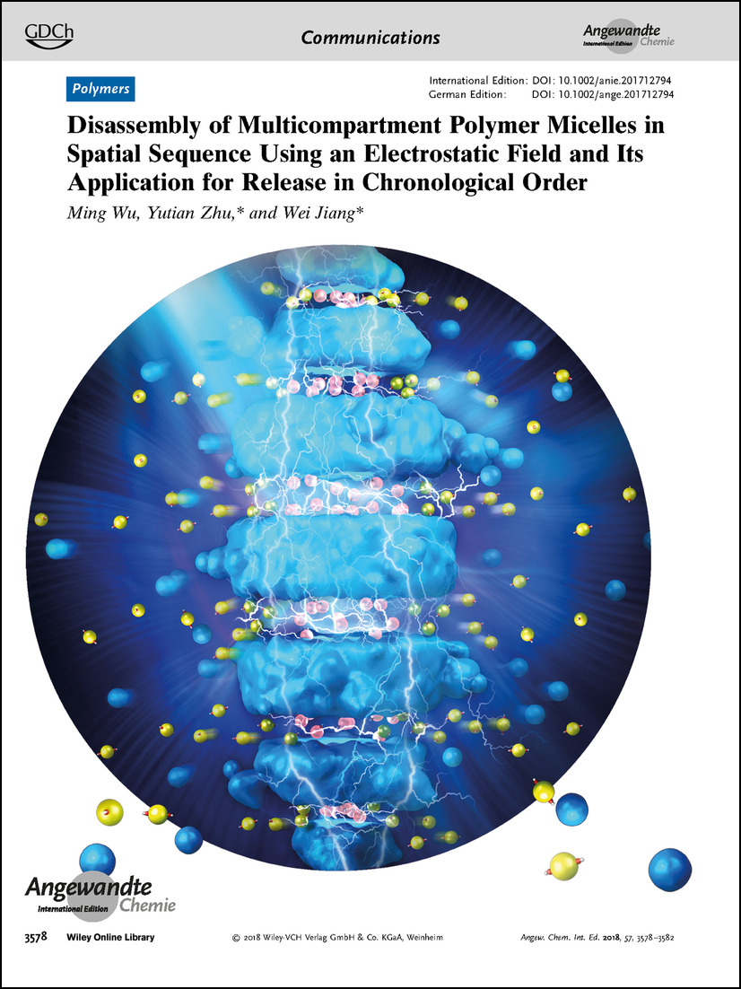 Frontispiece: Disassembly of Multicompartment Polymer Micelles in Spatial Sequence Using an Electrostatic Field and Its Application for Release in Chronological Order Volume 57 Issue 14, 2018