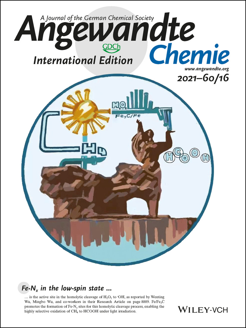 Inside Cover: Fe/Fe3C Boosts H2O2 Utilization for Methane Conversion Overwhelming O2 Generation (Angew. Chem. Int. Ed. 16/2021) Volume 60 Issue 16, 2021