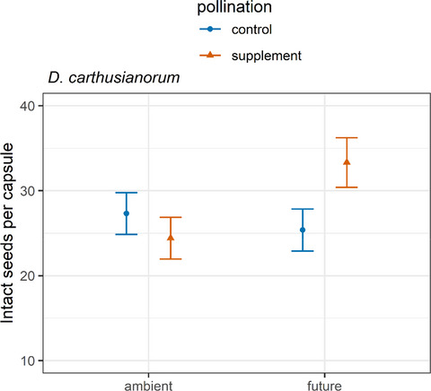 Effects of climate change and pollen supplementation on the reproductive success of two grassland plant species