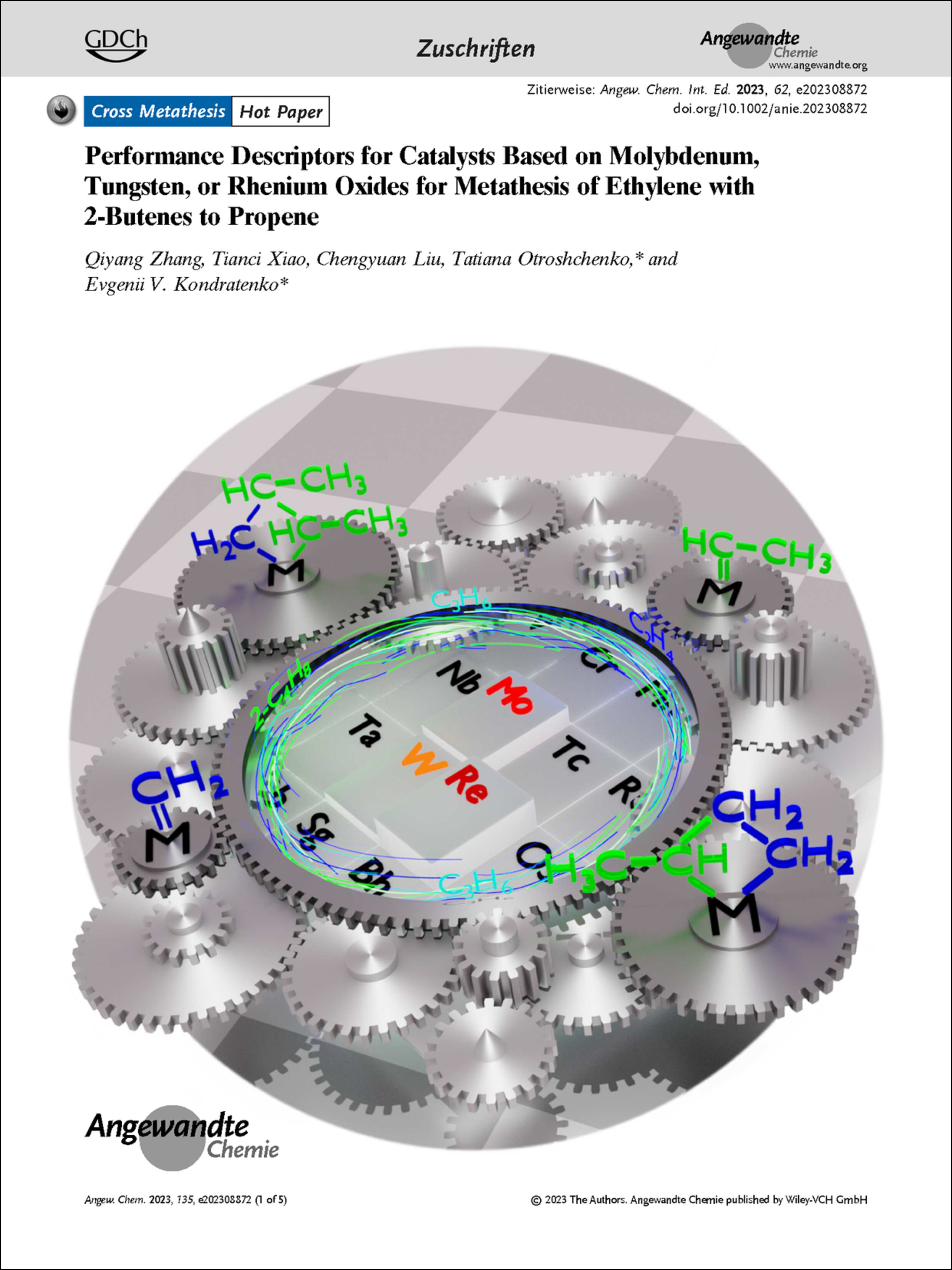 Frontispiz: Performance-Deskriptoren für Katalysatoren auf Basis von Molybdän-, Wolfram- oder Rheniumoxiden für die Metathese von Ethen mit 2-Buten zu Propen Volume 135 Issue 40, 2023