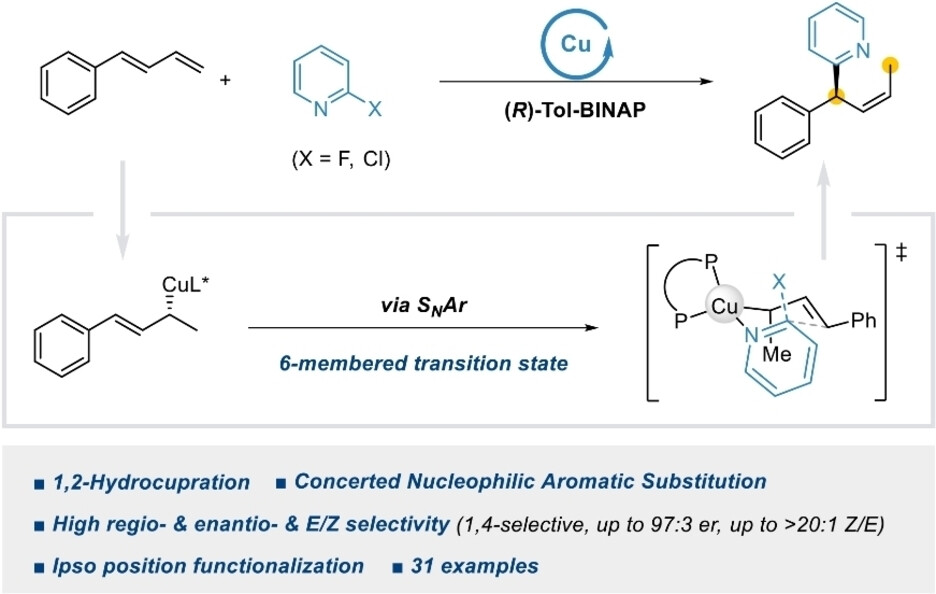Copper-Catalyzed Regioselective and Enantioselective Hydropyridylation of Dienes for the Synthesis of Chiral Diaryl Compounds via Concerted Nucleophilic Aromatic Substitution