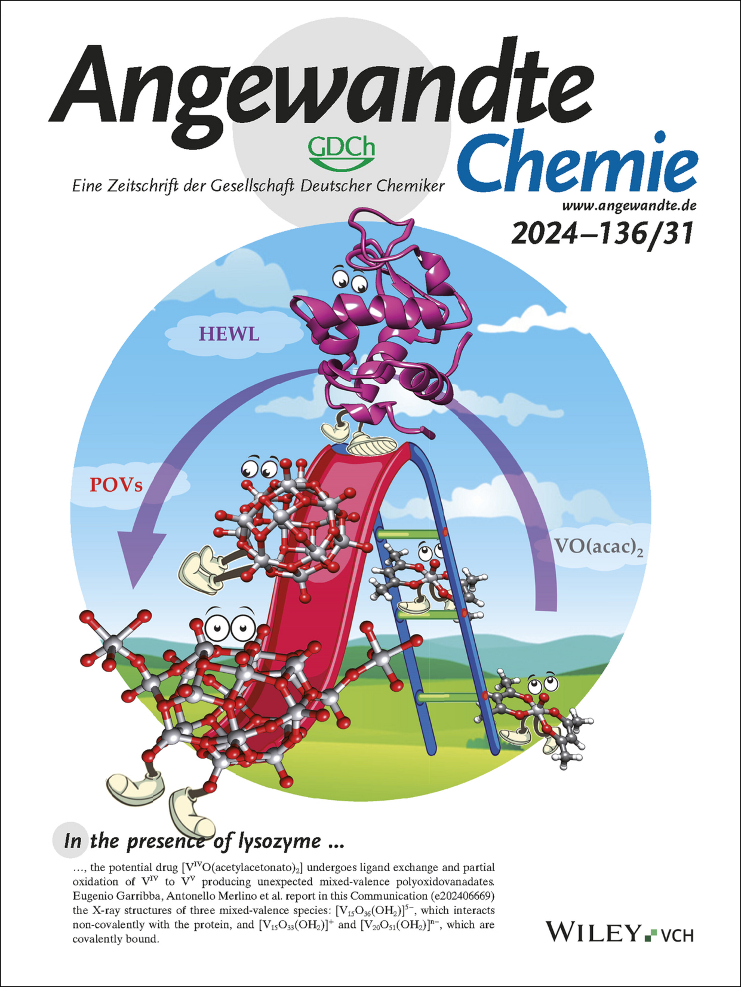 Innenrücktitelbild: Non-Covalent and Covalent Binding of New Mixed-Valence Cage-like Polyoxidovanadate Clusters to Lysozyme (Angew. Chem. 31/2024) Volume 136 Issue 31, 2024