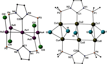 A Bis(Diphosphanyl N-Heterocyclic Carbene) Gold Complex: A Synthon for Luminescent Rigid AuAg2 Arrays and Au5 and Cu6 Double Arrays