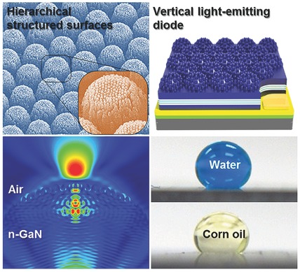 Light-Emitting Diodes with Hierarchical and Multifunctional Surface Structures for High Light Extraction and an Antifouling Effect