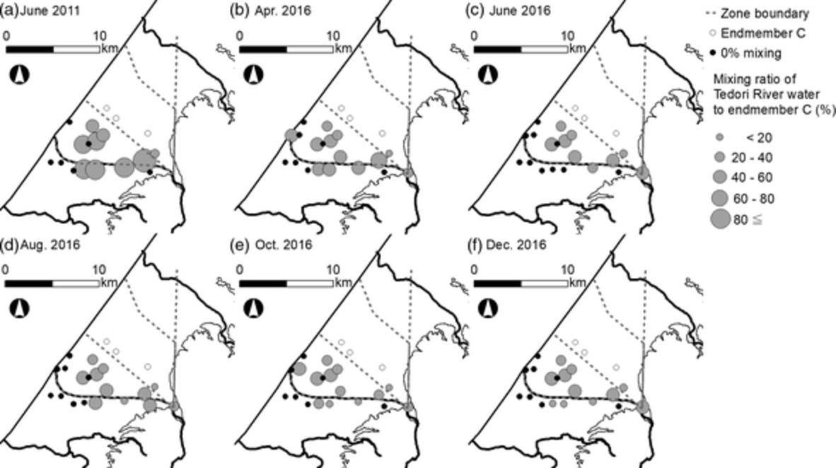 Multiple-indicator study of the response of groundwater recharge sources to highly turbid river water after a landslide in the Tedori River alluvial fan, Japan