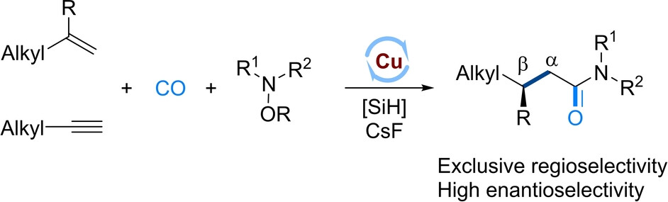 Regioselective and Enantioselective Copper-Catalyzed Hydroaminocarbonylation of Unactivated Alkenes and Alkynes