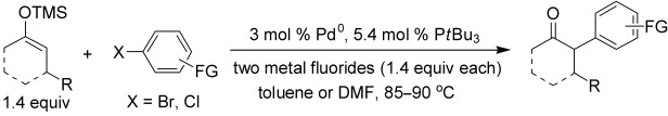 Pd-Catalyzed α-Arylation of Trimethylsilyl Enol Ethers with Aryl Bromides and Chlorides: A Synergistic Effect of Two Metal Fluorides as Additives