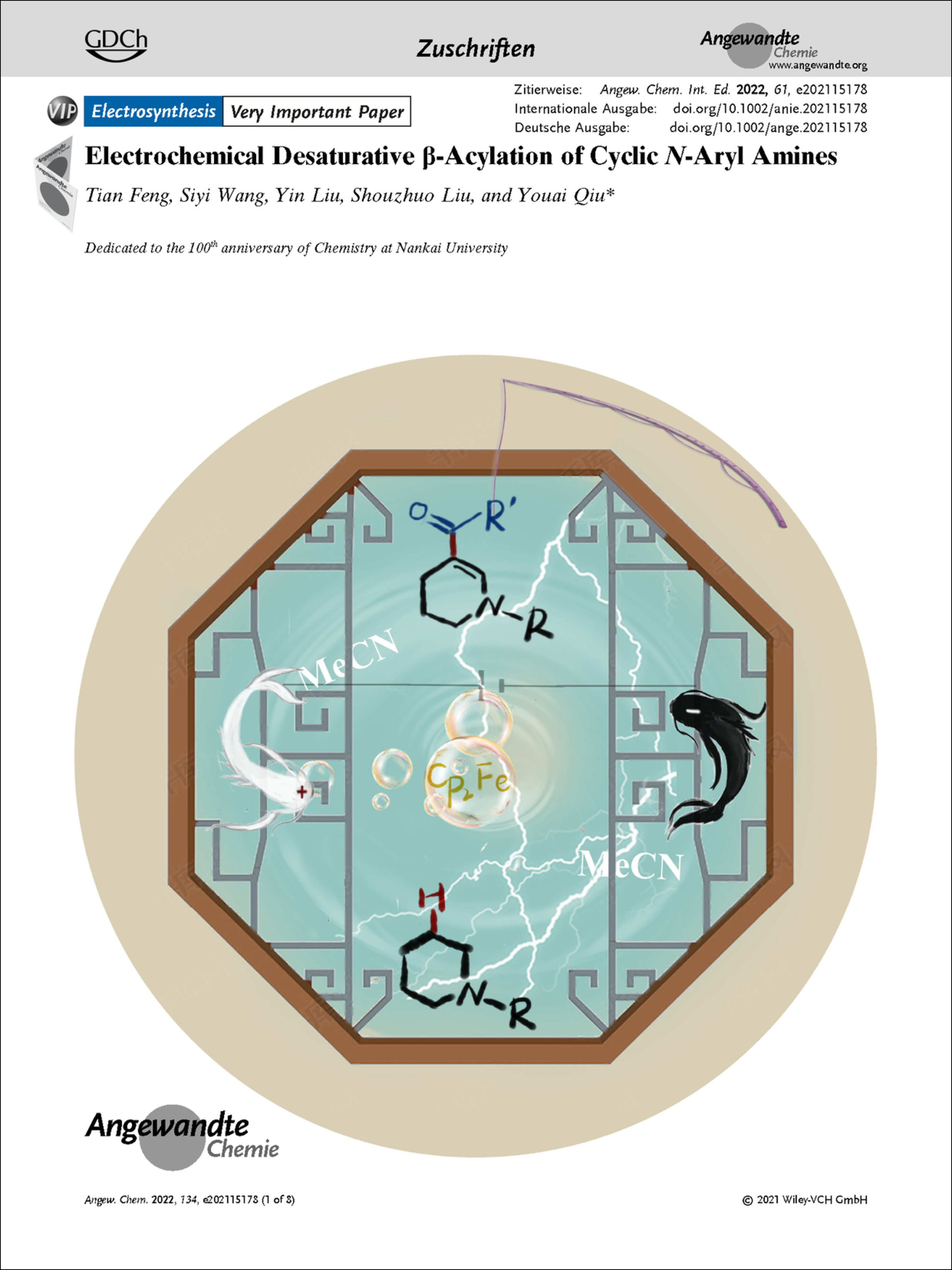 Frontispiz: Electrochemical Desaturative β-Acylation of Cyclic N-Aryl Amines Volume 134 Issue 6, 2022
