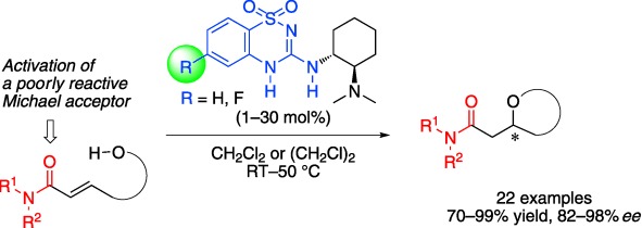 A Powerful Hydrogen-Bond-Donating Organocatalyst for the Enantioselective Intramolecular Oxa-Michael Reaction of α,β-Unsaturated Amides and Esters