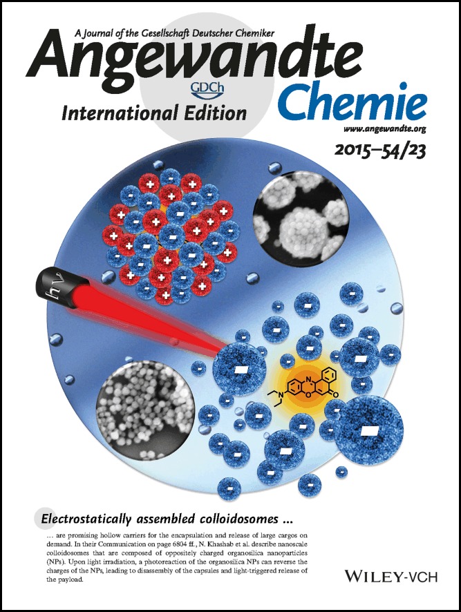 Inside Back Cover: Electrostatic Assembly/Disassembly of Nanoscaled Colloidosomes for Light-Triggered Cargo Release (Angew. Chem. Int. Ed. 23/2015)