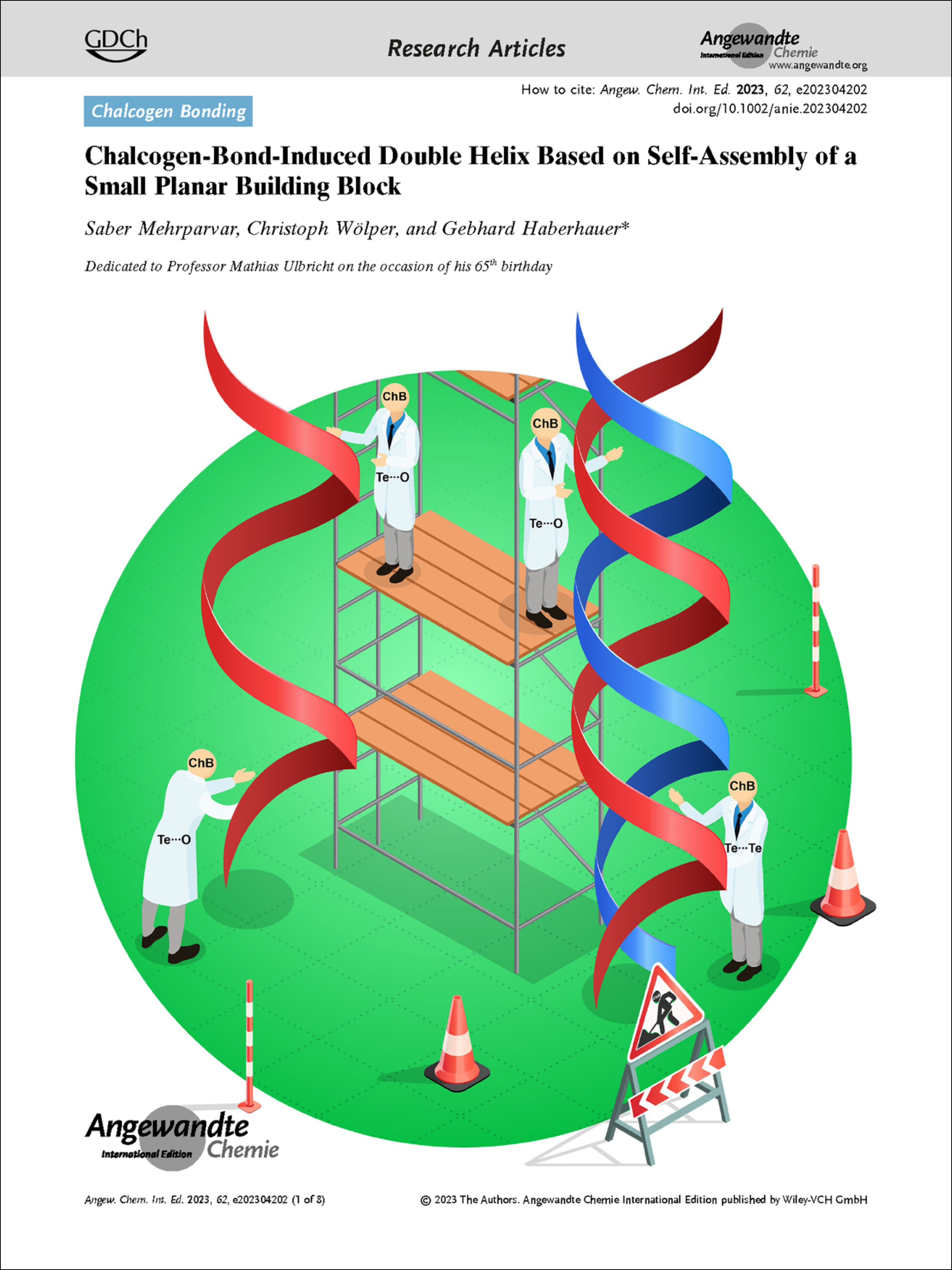 Frontispiece: Chalcogen-Bond-Induced Double Helix Based on Self-Assembly of a Small Planar Building Block Volume 62 Issue 29, 2023
