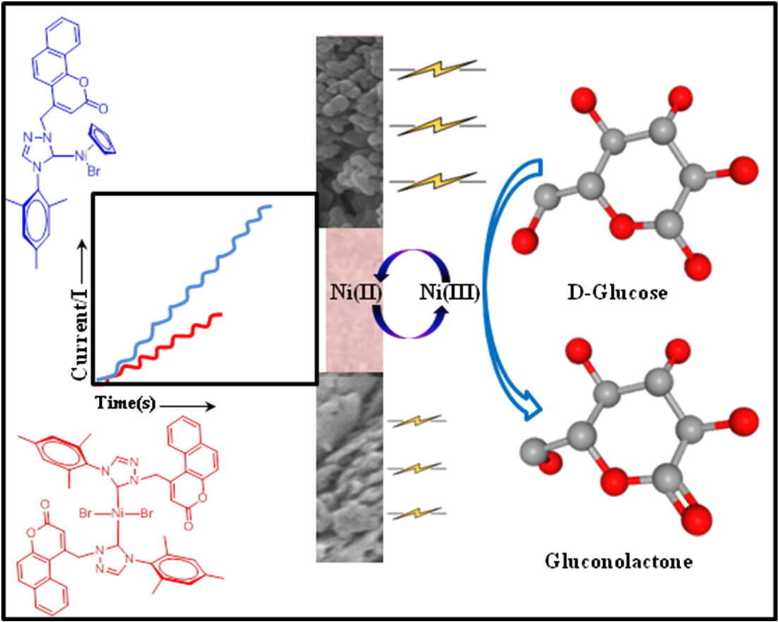 Glucose electrocatalysts derived from mono- or dicarbene coordinated nickel(II) complexes and their mesoporous carbon composites