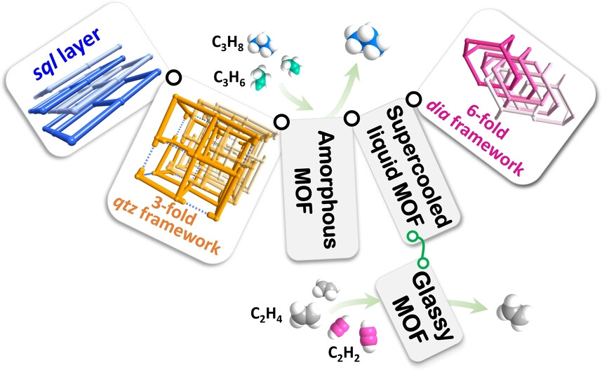 Multiple Structural and Phase Transformations of MOF and Selective Hydrocarbon Gas Separation in its Amorphous, Glass Phase States
