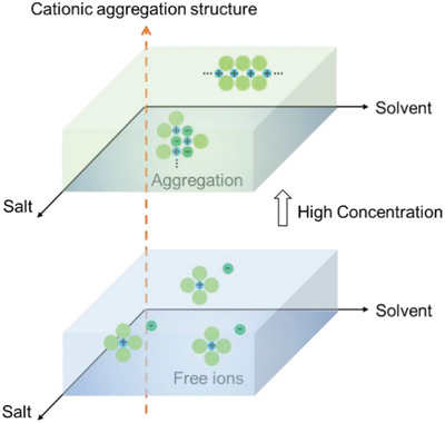 Influence of electrolyte structural evolution on battery applications: Cationic aggregation from dilute to high concentration