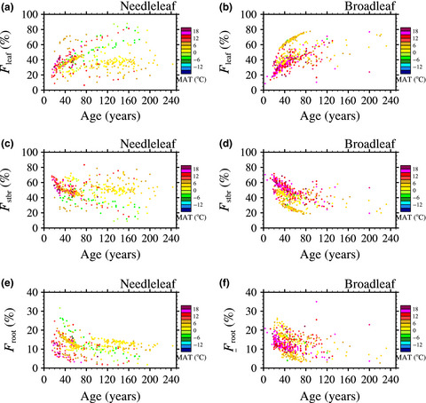 Allocation of forest net primary production varies by forest age and air temperature