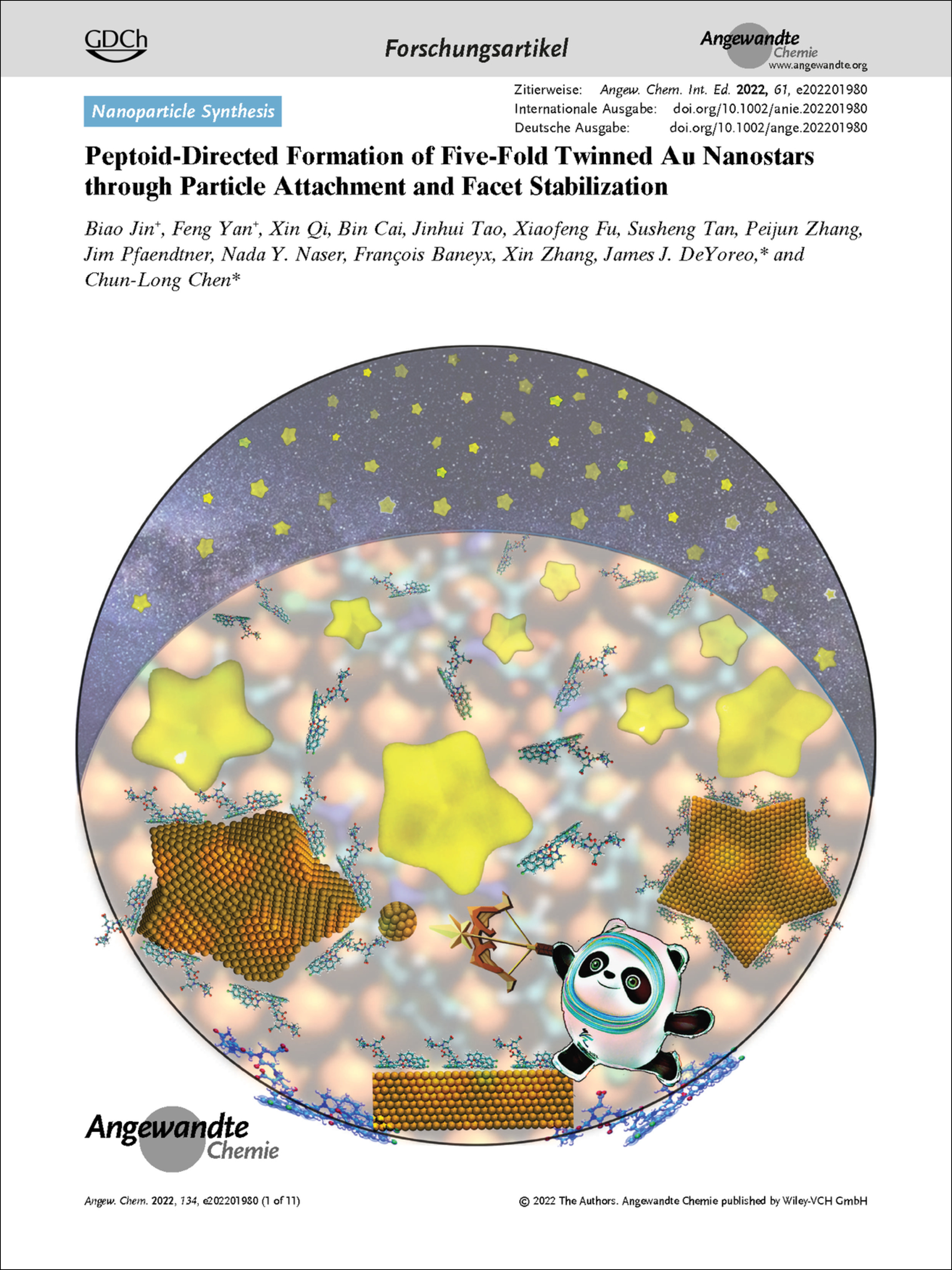Frontispiz: Peptoid-Directed Formation of Five-Fold Twinned Au Nanostars through Particle Attachment and Facet Stabilization Volume 134 Issue 14, 2022