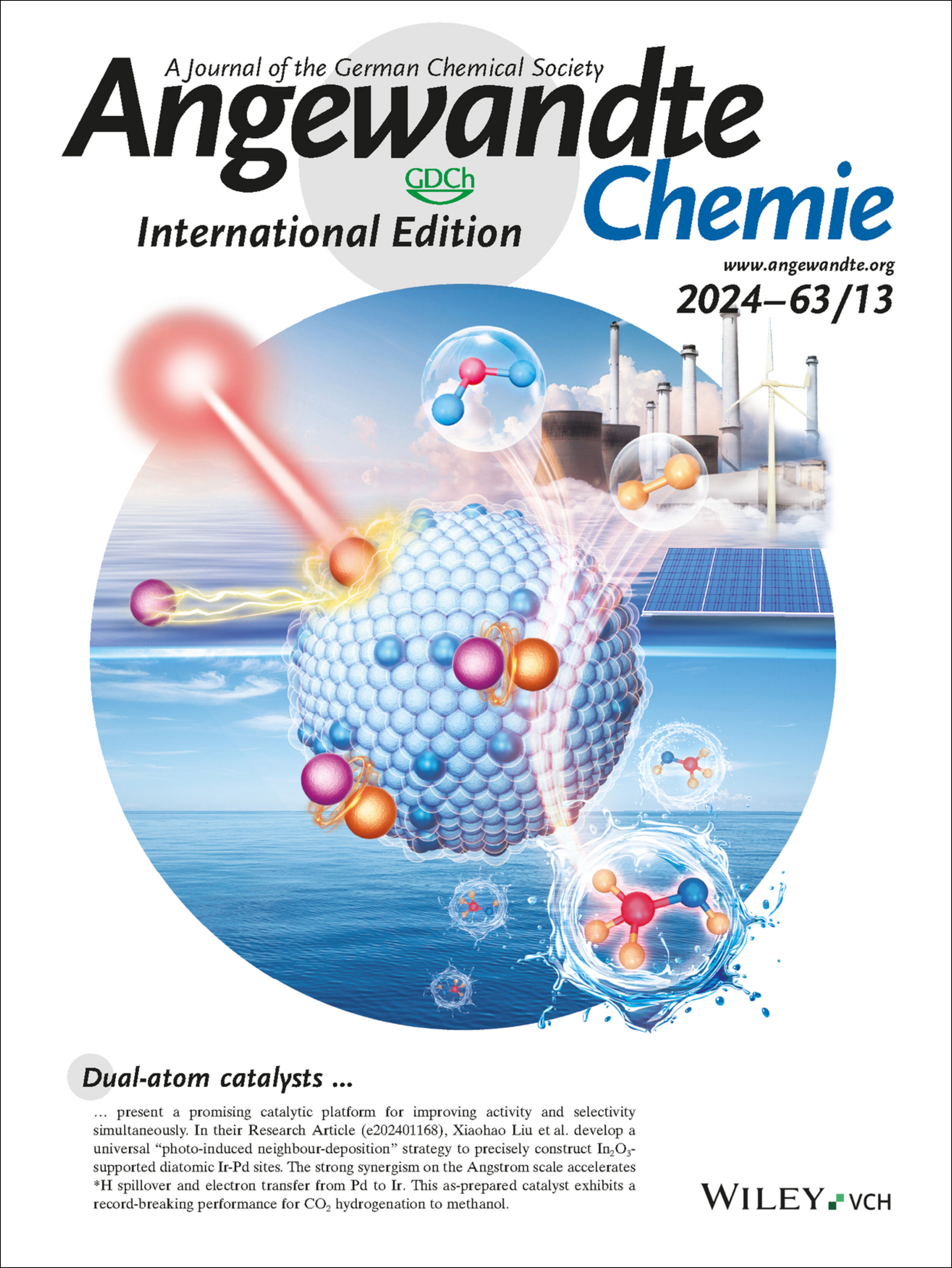 Inside Back Cover: Photoinduced Precise Synthesis of Diatomic Ir1Pd1-In2O3 for CO2 Hydrogenation to Methanol via Angstrom-Scale-Distance Dependent Synergistic Catalysis (Angew. Chem. Int. Ed. 13/2024) Volume 63 Issue 13, 2024