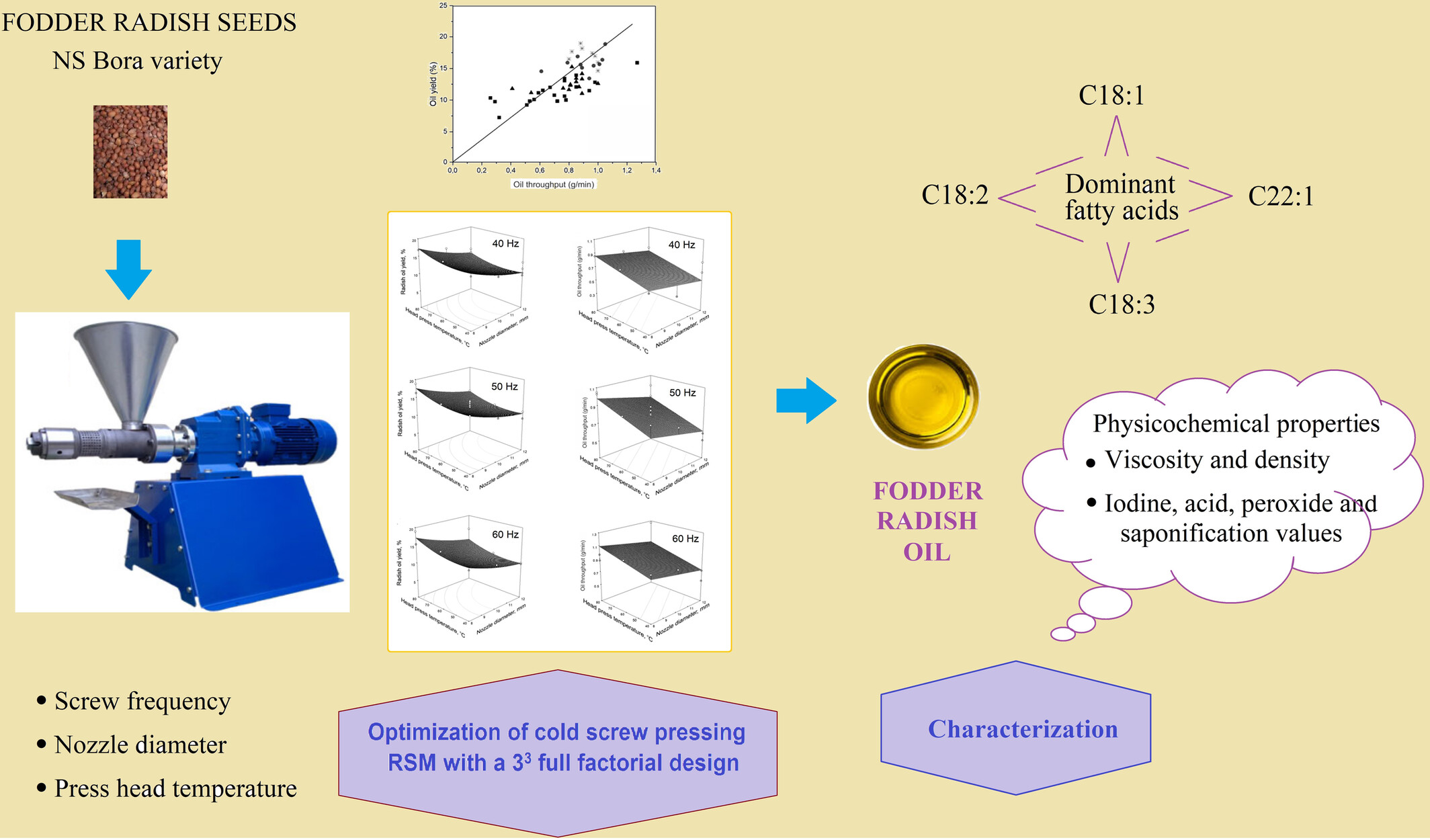 Effects of screw pressing conditions on fodder radish seed oil yield, throughput, and fatty acid profile
