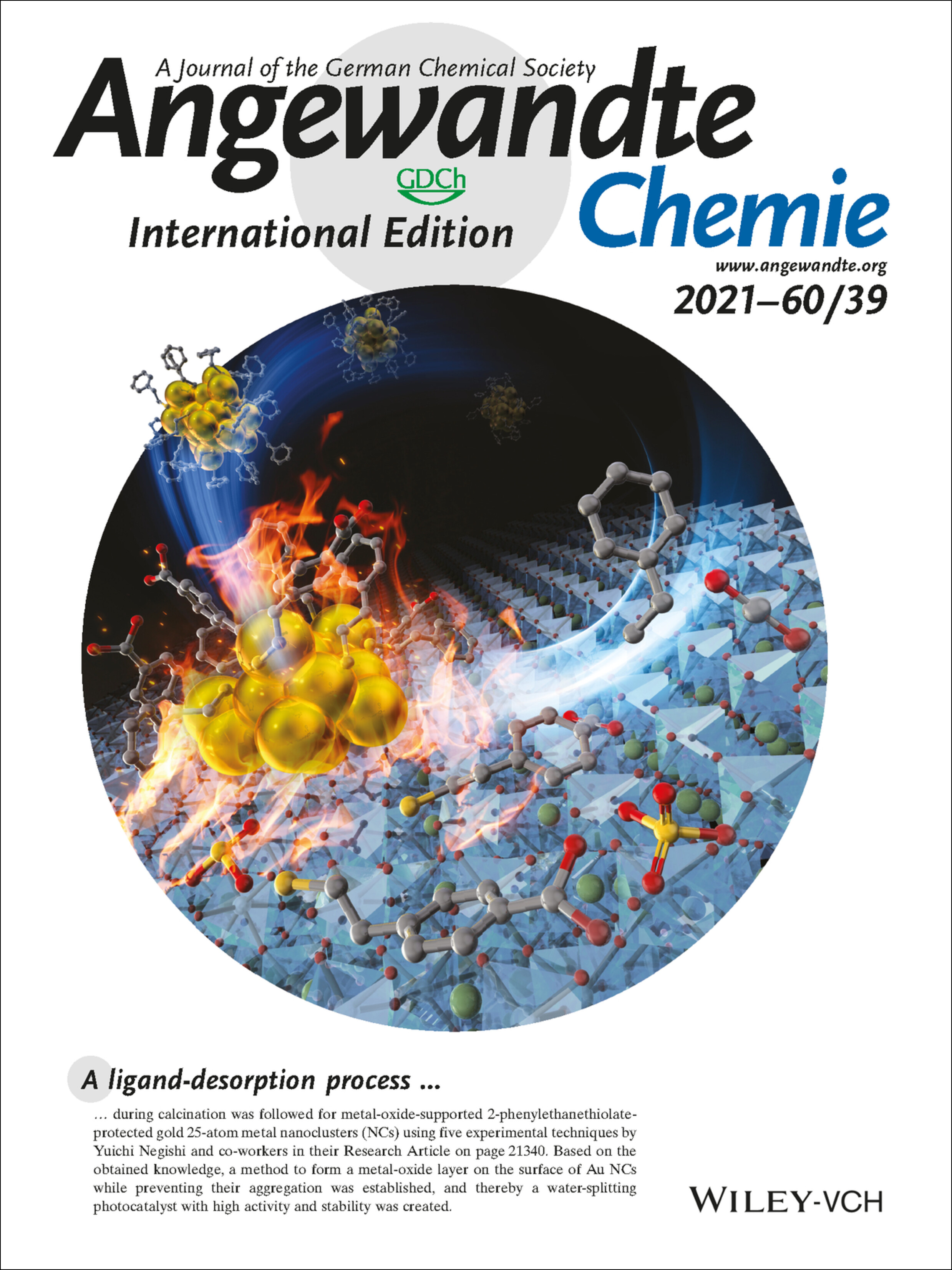 Inside Cover: Creation of High-Performance Heterogeneous Photocatalysts by Controlling Ligand Desorption and Particle Size of Gold Nanocluster (Angew. Chem. Int. Ed. 39/2021) Volume 60 Issue 39, 2021