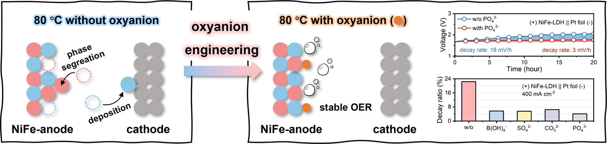 Inhibiting Dissolution of Active Sites in 80 °C Alkaline Water Electrolysis by Oxyanion Engineering