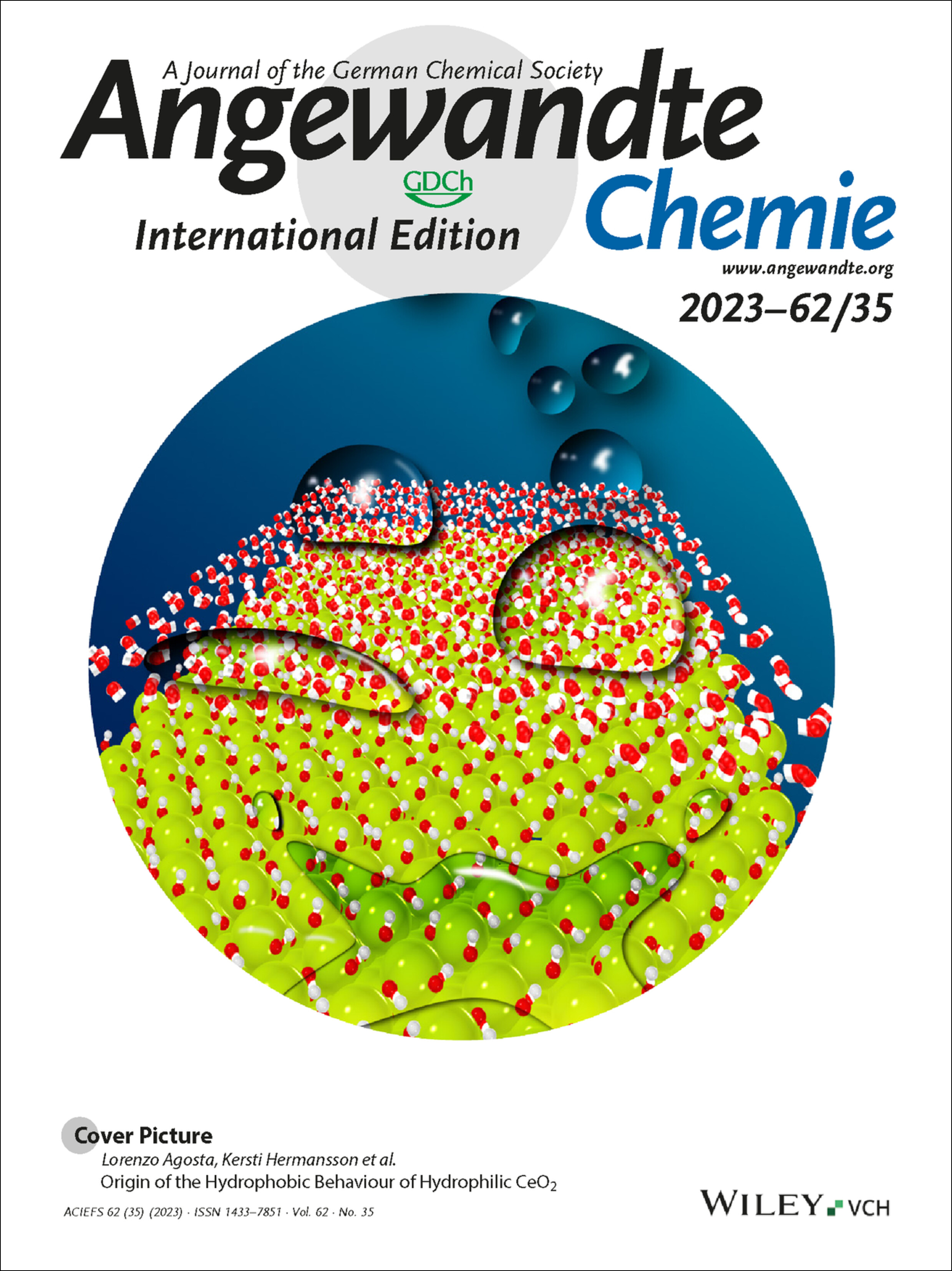 Cover Picture: Origin of the Hydrophobic Behaviour of Hydrophilic CeO2 (Angew. Chem. Int. Ed. 35/2023) Volume 62 Issue 35, 2023