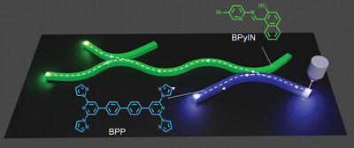 A Hybrid Organic-Crystal-Based Curved Waveguide Network for Producing, Splitting, and Transducing Multi-Color Outputs