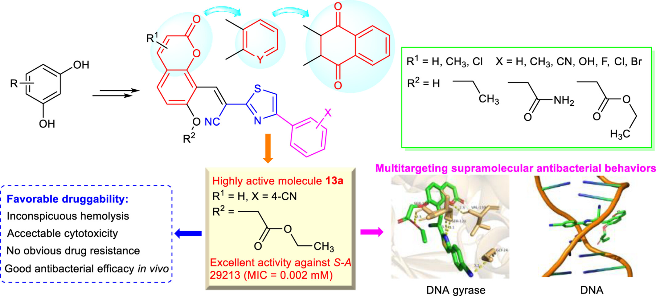 Natural Coumarin-Hybridized Thiazolylbenzonitriles as New Structural Scaffolds to Exert Potentially Multitargeting Supramolecular Antibacterial Behavior
