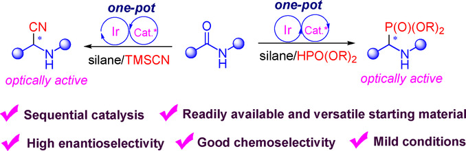 Enantioselective Reductive Cyanation and Phosphonylation of Secondary Amides by Iridium and Chiral Thiourea Sequential Catalysis