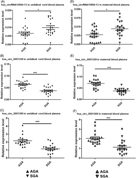 Differentially expressed circular RNAs in maternal and neonatal umbilical cord plasma from SGA compared with AGA