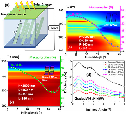 Enhancement of Electron Collection and Light Trapping of Inclined GaN and AlGaN Nanowire Arrays