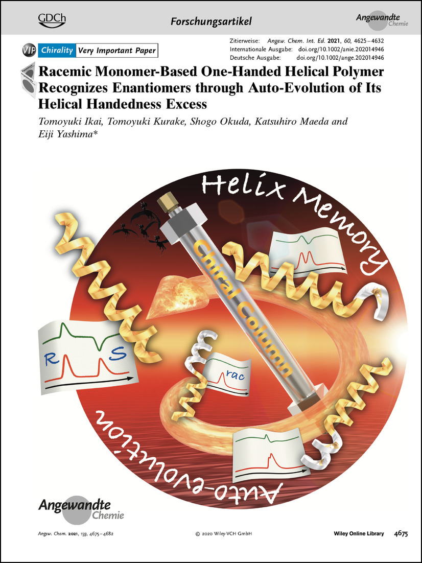 Frontispiz: Racemic Monomer-Based One-Handed Helical Polymer Recognizes Enantiomers through Auto-Evolution of Its Helical Handedness Excess Volume 133 Issue 9, 2021