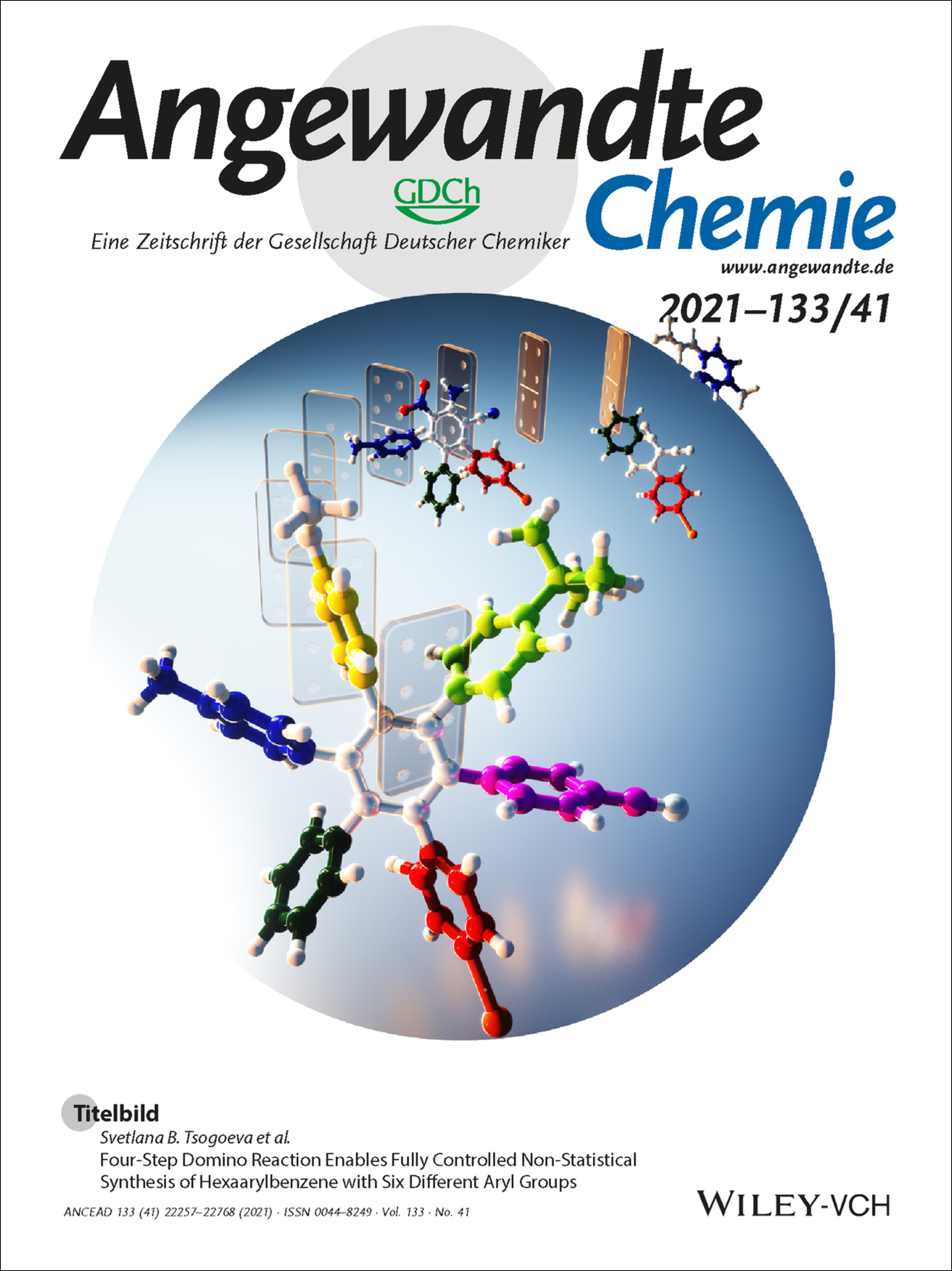 Titelbild: Four-Step Domino Reaction Enables Fully Controlled Non-Statistical Synthesis of Hexaarylbenzene with Six Different Aryl Groups (Angew. Chem. 41/2021) Volume 133 Issue 41, 2021