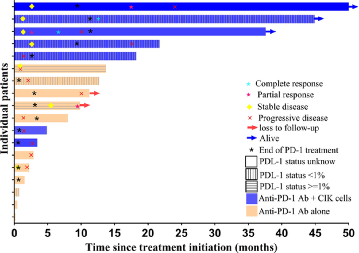 Autologous cytokine-induced killer (CIK) cells enhance the clinical response to PD-1 blocking antibodies in patients with advanced non-small cell lung cancer: A preliminary study