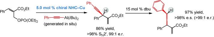Combining NHC–Cu and Brønsted Base Catalysis: Enantioselective Allylic Substitution/Conjugate Additions with Alkynylaluminum Reagents and Stereospecific Isomerization of the Products to Trisubstituted Allenes