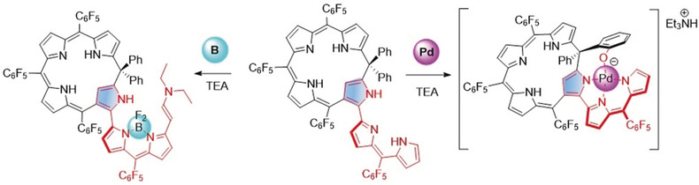N-Confused Phlorin-Prodigiosin Chimera: meso-Aryl Oxidation and π-Extension Triggered by Peripheral Coordination
