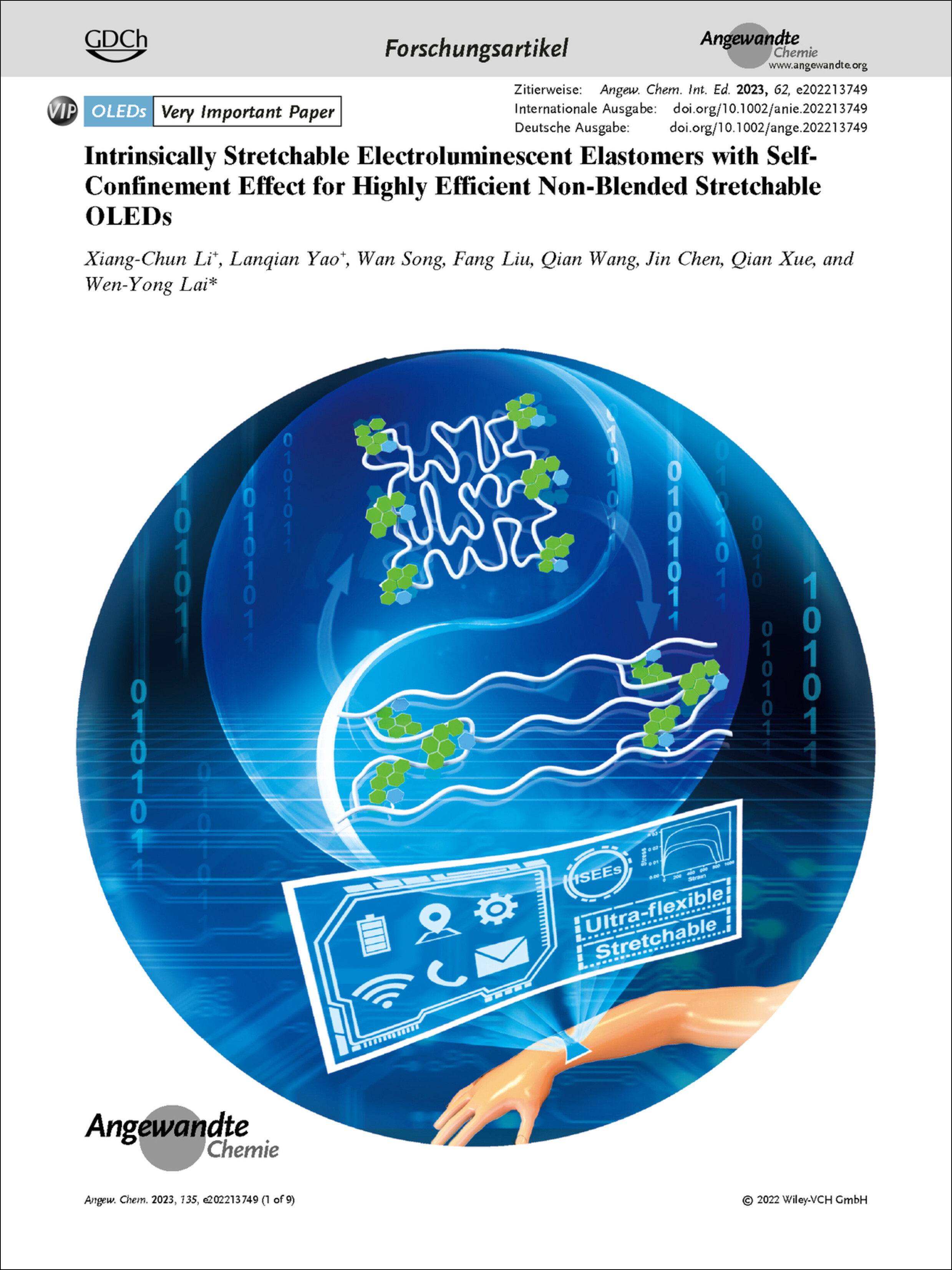 Frontispiz: Intrinsically Stretchable Electroluminescent Elastomers with Self-Confinement Effect for Highly Efficient Non-Blended Stretchable OLEDs Volume 135 Issue 2, 2023