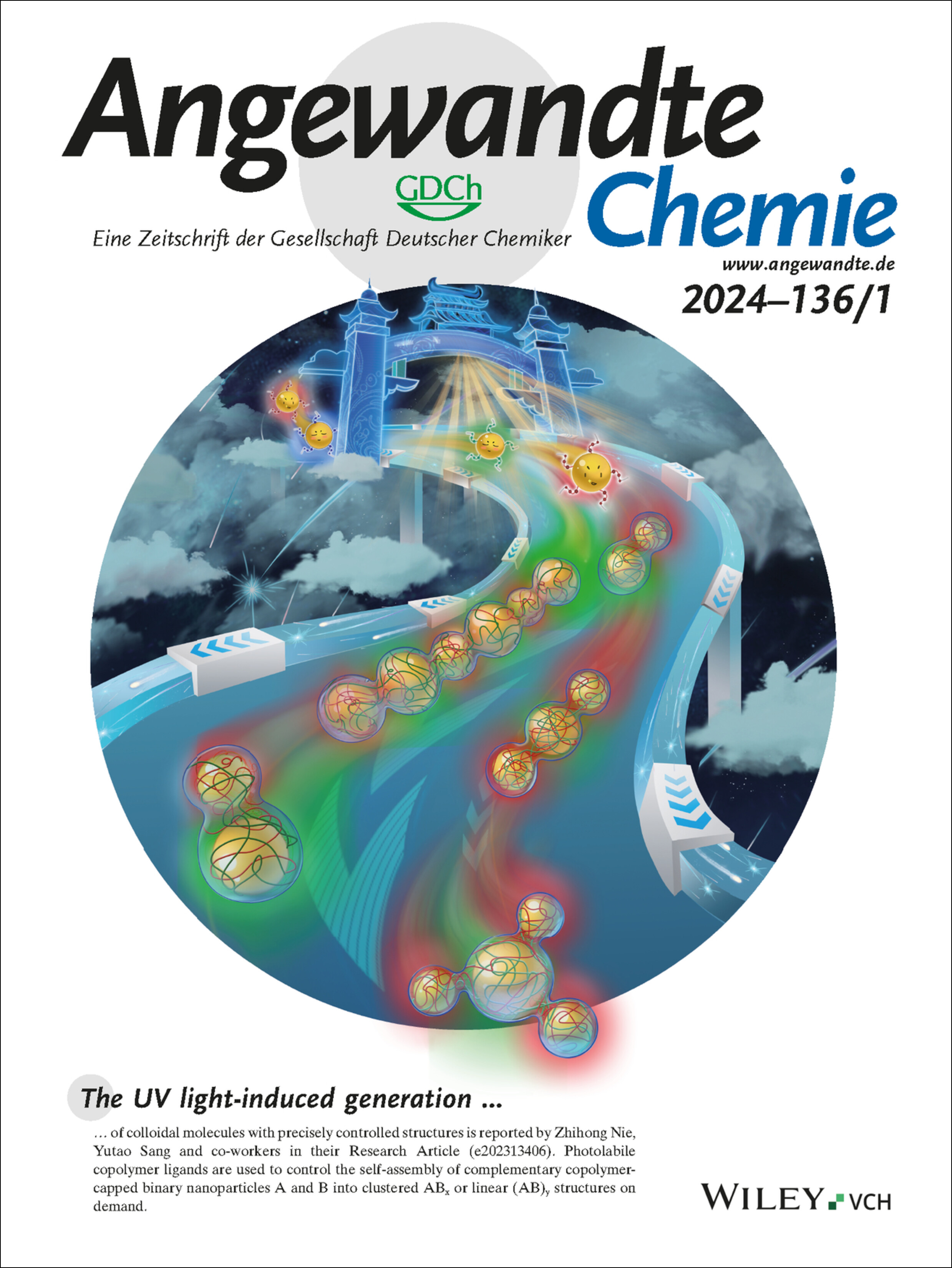 Innenrücktitelbild: Photo-Induced Self-assembly of Copolymer-Capped Nanoparticles into Colloidal Molecules (Angew. Chem. 1/2024) Volume 136 Issue 1, 2024